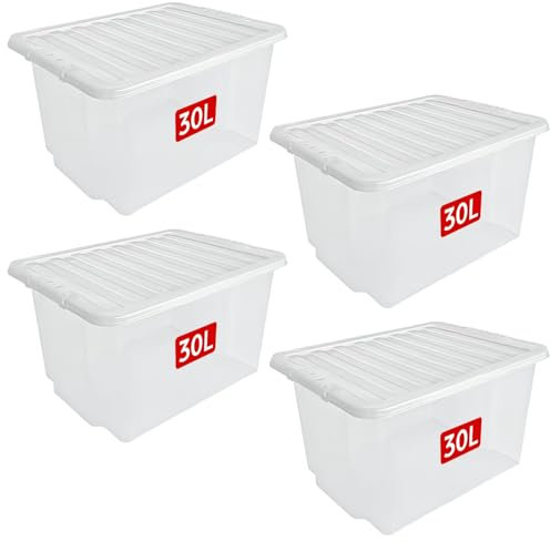 Plastic Storage Box with Lid, 30 Litre Storage Boxes Clear Stackable Container Box for Home Office and School, Pack of 4