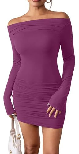 Haibang Robe Moulante à Manches Longues pour Femmes Mini Robe de Soirée Sexy Épaules Dénudées Robe Élégante Robe Courte Bodycon Dress Chic Et Glamour pour Soirée Cocktail Party Fête Club Décontractée