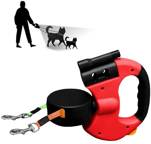 Doppelleine für 2 Hunde - Flexible Einziehbare Hundeleine Mit LED Licht, 3m, Ausziehbar Mit Bequemem Ergonomischem Griff, Rolleine (Rot)