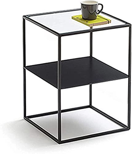 Quadratischer Beistelltisch aus Schmiedeeisen, Glas, Couchtisch mit Aufbewahrungsschrank, modernes Schlafzimmer, Nachttisch, Möbel (schwarz)