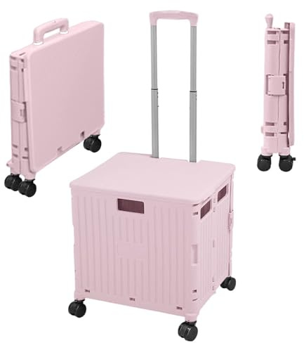 Berry Carrello per la spesa con ruote da 40 kg, capacità 50 l, in plastica, pieghevole, con 4 ruote e coperchio, ideale per campeggio, picnic, casa, ufficio, rosa