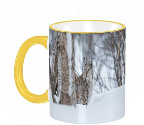 YOIUE Tasse aus Keramik - Große 11oz Tassen 330ml Kaffeetassen mit Henkel, 100% Handbemalt - Trinkgläser mit Griff - Weiß,Europäischer Luchs im Schnee. Kalter Winter im Februar in Norwegen.