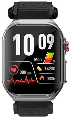 Knauermann PRO 3 Fan Edition eckig (2025) Grau, Gesundheitsuhr Smartwatch mit Telefoniefunktion, EKG Plus HRV und SOS Funktion, BT Bluetooth, Schlafapnoe, Klett Schwarz, 14-24