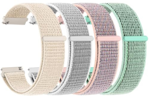 Wanme 4 Piezas Correas de Nylon para Reloj Compatible con 20mm 22mm, Pulsera de Repuesto Transpirable Suave para Hombres y Mujeres, (20mm, Rosa+Verde Océano+Gris Claro+Luz de las estrellas)