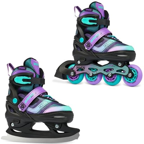 RAVEN Inline Skates Inliner für Kinder und Erwachsene OPTIONAL 2in1 mit Schlittschuhen verstellbar (Drill Violet/Mint mit Kufen, 38-42 (25cm-27,5cm))