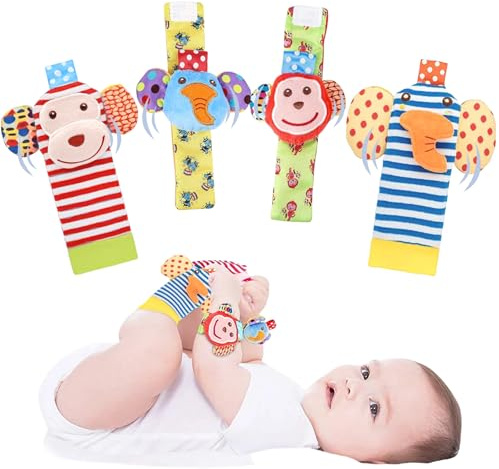 HAGOT 4PCS Rassel Baby Socken, Handgelenk Rasselsocken und Fußfinder Baby Spielzeug, Babyspielzeug Handgelenk, Neugeborenen-Spielzeug, Babyspielzeug Lernspielzeug, für 0-12 Monate