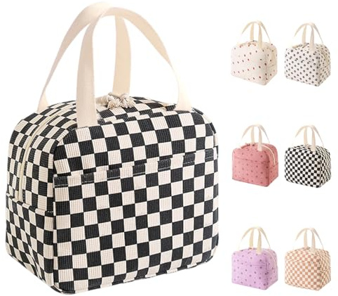 Bolsa Termica Porta Alimentos 10L, Lunch Bag para Lonchera, Bolsa Comida Trabajo para Mujer, Pequeña Bolsas Nevera Portatil para Playa,para Trabajo, Viaje, Escuela, Picnic (cuadros blancos y negros)