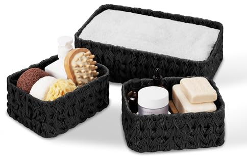 GRANNY SAYS Wicker Baskets for Organizing, Wicker Storage Basket for Shlef, Woven Baskets Oraganizer, Waterproof Vanity Basket for Towel, Home Organization, Black, 3-Pack