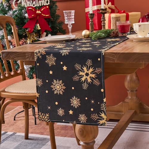 Voreppy Tischläufer Weihnachten Modern Schwarz Goldenen Schneeflocken Weihnachtsläufer Tisch Leinen Tischdeko Weihnachten Deko für Küche Esstisch 40x140cm Esszimmer Bauernhaus