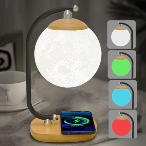 AoLa LED 3D Mond Tischlampe mit Ladefunktion Indoor Touch Nachttischlampe 4 Farben Modern Kugel mit Wireless Charger und USB Aufladung Tischleuchte Tischdekoration für Arbeitszimmer Schlafzimmer
