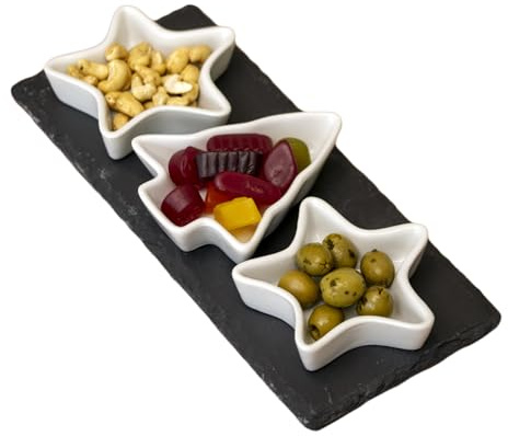4pc Christmas Serving Dishes On Slate Tray Ceramic White Star Tree Snack Dishes