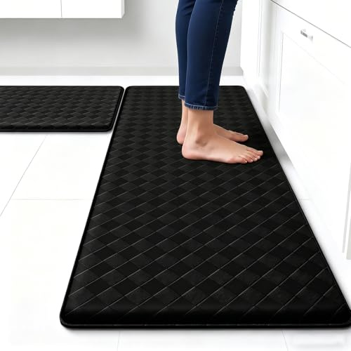 Küchenmatte, rutschfestes Küchenteppich-Set, Anti-Ermüdung, weich, bequem, Stehmatte, wasserdicht, ölbeständig, Leder, gepolsterte Matten für Küche, Boden, Büro, 44 x 75 cm + 44 x 150 cm, Schwarz, 2