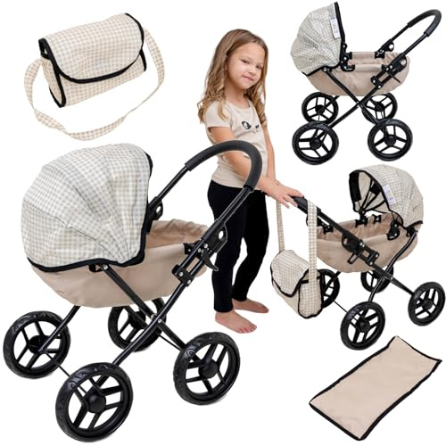Doris Puppenwagen mit Tasche, Beige Design Kariert, Tief, Klapptruhe, Höhe 60 cm