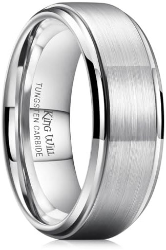 King Will Basic Men's Tungsten Carbide Ring 8mm Polished Beveled Edge Matte Brushed Finish Center Wedding Band 12