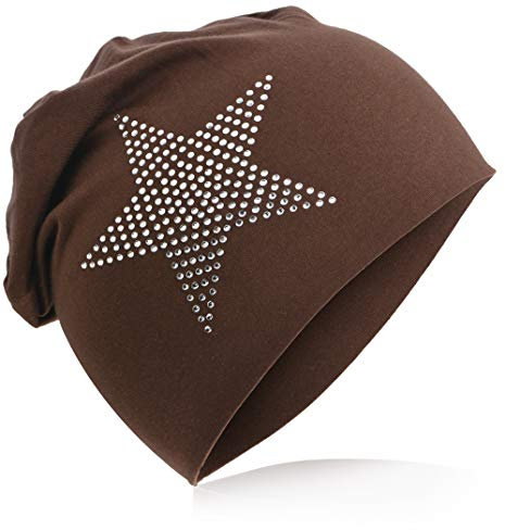 Miobo Kinder Slouch Beanie Mütze,Baumwolle,Strass Stern Sattelbraun 48