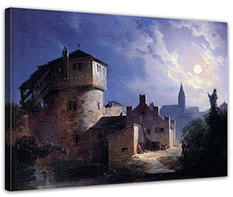 Bilderdepot24 Bild auf Leinwand | Carl Spitzweg Mondschein über dem Dorf in 40x30 cm als Wandbild | Wand-deko Dekoration Wohnung alte Meister | NEU-180202-40x30-müd