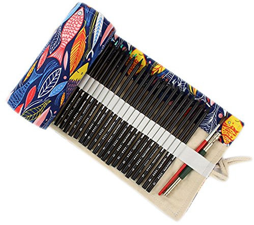 ONEGenug 48 Löcher Leinwand Farbstifte Tasche Feder-Mäppchen, Roll-up Bleistift Tasche, Bunt-Stifte für Malen, Schreiben, Ausmalen