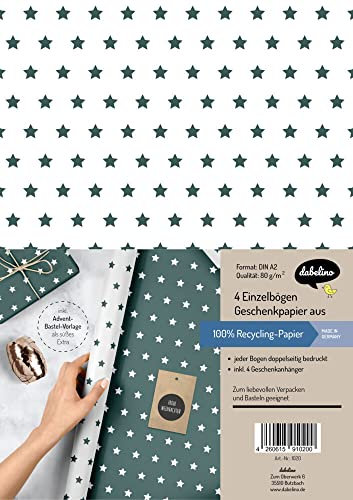 Weihnachtsgeschenkpapier-Set: Sterne (grün/ weiß): 4x Einzelbögen + 4x Geschenkanhänger