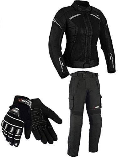 DAMEN MOTORRADKOMBI JACKE + HOSE + HANDSCHUHEN - BIKE MOTORRAD ROCKER TOURING in verschiedenen farben (L, Schwarz)