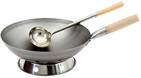 AAF Nommel ® Wok Set de poêles rondes en acier carbone pour cuisinière à gaz et à induction + louche Wok en acier inoxydable 44 cm de long avec poignée en bois + anneau Wok