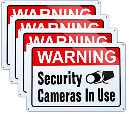 Lot de 4 grands panneaux de surveillance vidéo en cours d'utilisation, 25,4 x 35,6 cm en aluminium imprimé à l'encre UV pour la maison et le travail