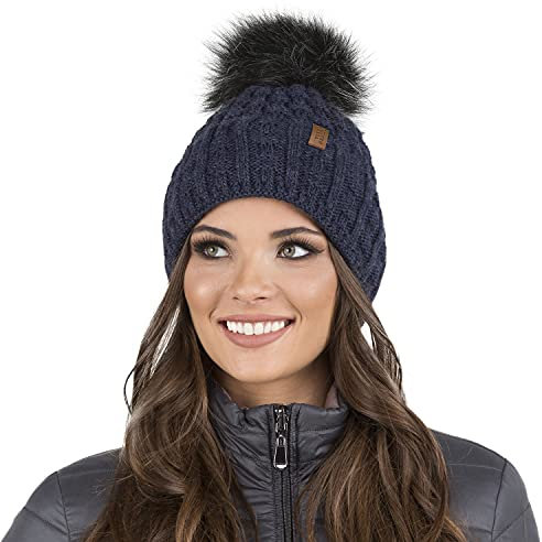 VIVISENCE Wintermütze Mit Bommel Damen Perfekte Passform Warmes Bommelmütze Herbst Frauen Mütze Für Winter Aufgerolltem Design Für Extra Wärme Ideal Für Kalte Wintertage, Dunkelblau,Einheitsgröße