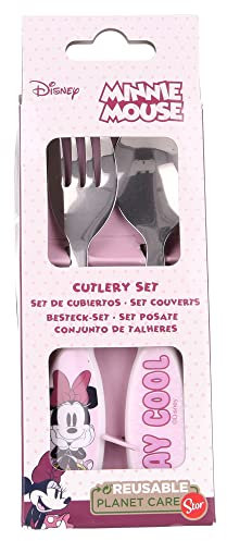 Set de 2 cubiertos infantiles de acero inoxidable compuesto de tenedor y cuchara de Minnie Mouse