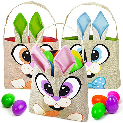 JOYIN 3 Pcs Osterhasen Geschenktüten aus Segeltuch für die Ostereiersuche, Oster Korb, Ostergeschenke kinder Geschenktüten zum befüllen mit Griffen, Oster-Kinder-Partyzubehör