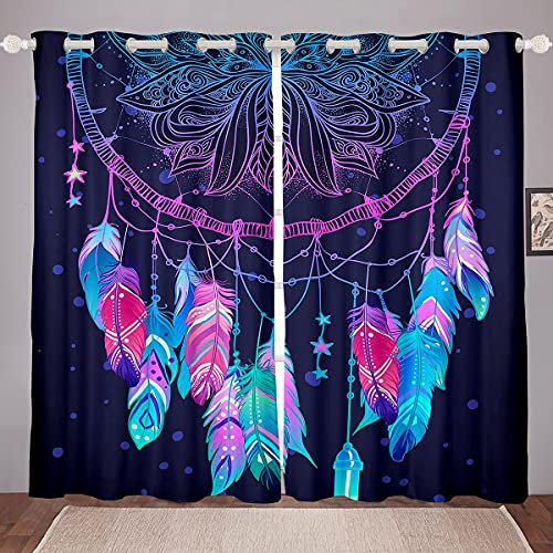 Homewish Traumfänger Vorhang für Schlafzimmer, Boho Tribal Feather Verdunkelungsvorhang für Kinder Mädchen Galaxy Fenster Behandlung Lila Sternenhimmel Exotische Fenster Vorhänge 2 Panels, 55x69