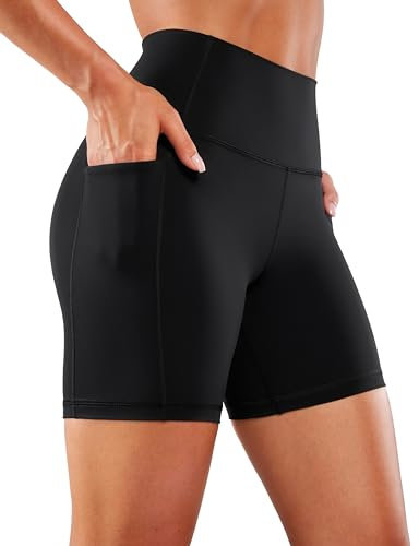 CRZ YOGA Naked Feeling Damen Radlerhose mit Taschen Hohe Taille Yoga Shorts Kurze Sporthose Sport Leggings Sportshorts - 15cm Schwarz 42