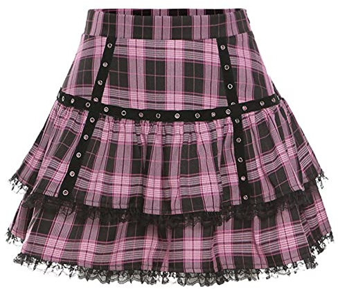 Zouyuan Lolita Kuchen Miniröcke Gothic Japanisch Harajuku Mädchen Lila Rosa Plaid Faltenrock Punk Süße Spitze Kawaii Cosplay Kostüm