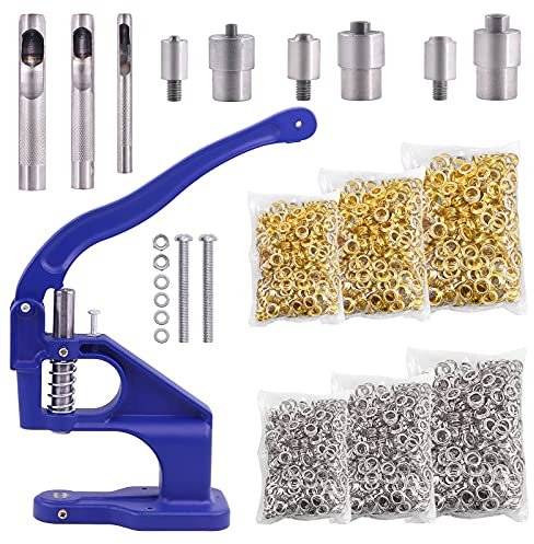 Rustark 3007Pcs Hand Press Grommet Machine 3 Dies Heavy Duty Eyelet Hole Punch Tool Kit W 3000Pcs Grommets Eyelets, 3 Installing Tools Rivet Press Setter for Curtains Bag Belt Jeans
