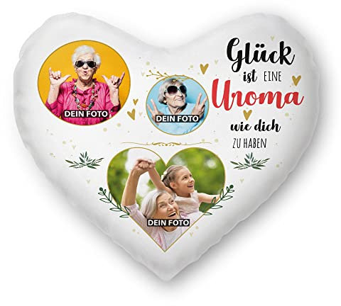 PR Print Royal Herzkissen selbst gestalten - mit 3 Fotos Bedrucken - Glück ist eine Uroma wie Dich zu haben - Geschenk Geburtstag Weihnachten - Herz Fotokissen inkl. Füllung, 40x44 cm