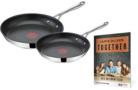 Tefal Jamie Oliver by Cook's Direct On Pfannen-Set 24/28 cm, Rezeptheft, Antihaft, Induktion, Backofenfest, Edelstahl, Genieteter Griff, E304S2.TOG