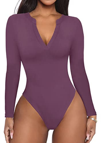 REORIA Women's Casual Sexy V Neck Fitted Long Sleeve T Shirts Work Slimming Ribbed Thong Leotards Bodysuits Tops Purple Small