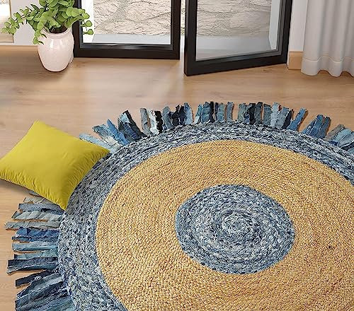 GRUHUM Jute-Teppich, Naturfaser, Baumwolle, Denim, blaue Fransen, rund, handgefertigt, Boho, weich, geflochten, rustikal, Vintage-Stil, Bauernhaus-Teppich, umweltfreundlich, Küche, Schlafzimmer,