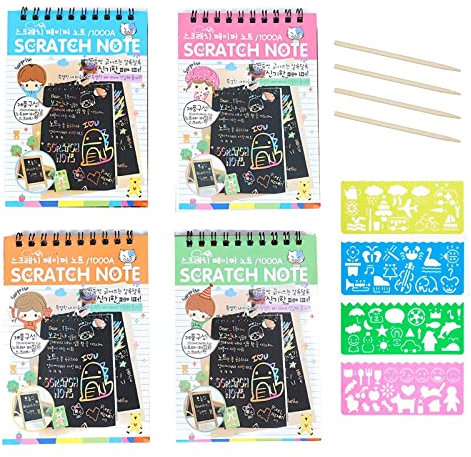 Sipobuy Pack Von 4 Scratch Pads, 40 Blätter Regenbogen Magie Scratch Papier Kunst Und Handwerk Graffiti Notebooks Mit 4 Stifte Und Schablonen Für Kinder Party Festival Spiele Geschenke