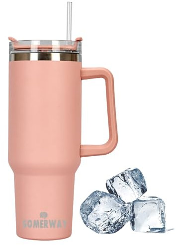 azza da Viaggio da 1182 ml con Manico e Cannuccia, Tazza da caffè in Acciaio Inossidabile con Coperchio Tazza da caffè per Gli spostamenti, Thermos a Prova di perdite per caffè Caldo e Freddo, Rosa