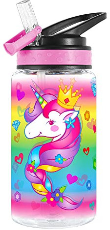 Home Tune Cute Water Bottle for Girls Boys, Unique Design, Leak Proof, Straw Lid, Easy Clean, BPA Free, 450ml - Unicorn