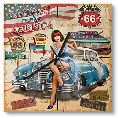 DEQORI Glasuhr | 30x30 cm | Motiv Route 66-Plakat | ausgefallene leise Design Uhr aus Glas | Wanduhr für Wohnzimmer & Küche | moderne Hingucker Uhr für die Wand