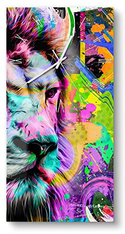 DEQORI Glasuhr | horizontal 30x60 cm | Motiv Grimmiger Löwe | große XXL Design Uhr aus Glas | leise Wanduhr für Wohnzimmer & Küche | Moderne Hingucker Uhr für die Wand
