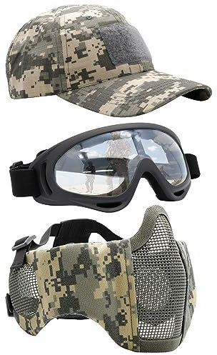 Yzpacc Airsoft Halbgesichtsmaske mit Brille Hut Set Taktische Masken Vollgesichtsmaske Paintball Maske Ohrenschutz Baseballkappe für CS Halloween und Cosplay Spiel, ACU + SCHWARZ