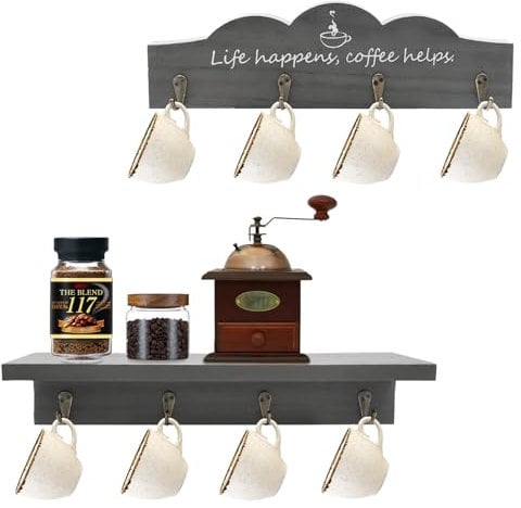 LYFJXX Coffee Cup Holder Wall Mount with 8 Hooks, 2 Pieces Wooden Coffee Cup Holder with Coffee Sign, Tea Cup Hanger for Bar, Kitchen Organiser Display, Coffee Corner Decor (Grey-2pcs)