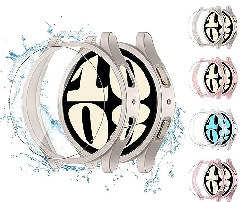 4+4Pièces Coque+Verre pour Samsung Galaxy Watch 6 40mm 44mm 43mm 47mm, Anti-buée Films de Protection en Verre trempé et coque pare-chocs en polycarbonate rigide pour Galaxy Watch 6 Cover