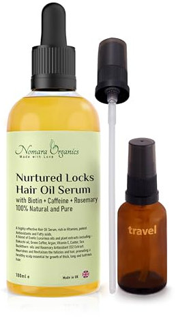 Nomara Organics Hair Growth Oil Serum with Caffeine, Biotin, Rosemary, 100% Natural, Travel Bottle, Vitamins, Coffee Oil, 100mL, Gift Set, Potent Elixir, Regrowth, Anti-Hair Loss, Vegan, Men, Women