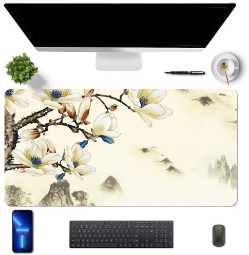 MAYCARI Tapis de Bureau en Cuir PU Imperméable Tapis de Souris Grand 80x40 cm Mouse Pad pour Bureau/Maison, avec Motifs de Magnolia