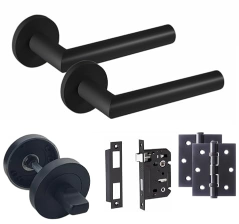 Golden Grace Bathroom Door Handles Set with 64mm Lock, Matt Black | Includes 3-inch ball bearing hinges, matching thumbturn, screws, and spindle for quick, complete setup on metal doors.