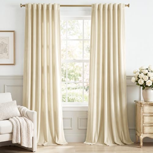 StangH Beige Velvet Curtains Farmhouse Decor for Nursery Bedroom, Super Soft Light Dimming Window Drapes Back Tab for Living Room Energy Efficient for Laundry/Office/Porch, W52 x L102, Set of 2