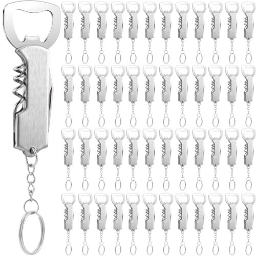 Ziliny 48 Pcs Wine Bottle Opener Bulk Beer Bottle Opener with Keychain 3.27 Stainless Steel Corkscrew Wine Opener Waiter Corkscrew Wine Key Opener for Bar Restaurant Beverages Home Party (Silver)