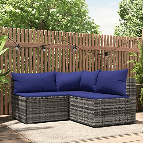 BAZZI 3-TLG. Balkon Lounge Klein Rattan Lounge Moebel Balkon Klein mit Kissen Balkonmöbel Rattan(Eckteil+2xMittelteil) Balkon Ecksofa Klein Grau und Blau Outdoor Sofa Lounge L Form